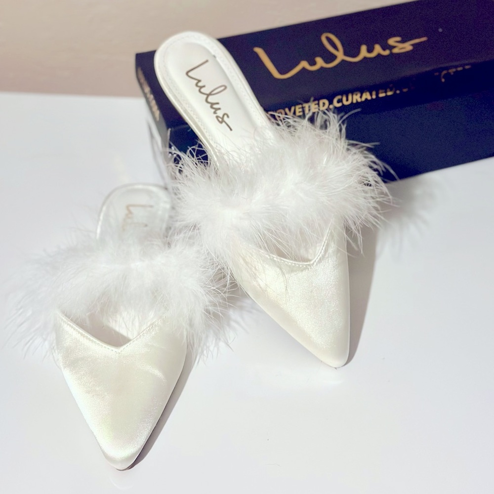 Lulus White Satin Feather Mules
